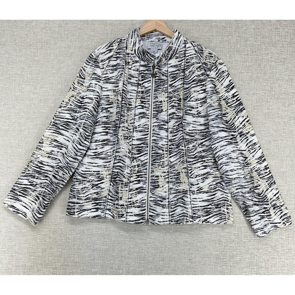 Molly +‎ Maxx Jacket Womens PXL Petite XL White Zebra Animal Print Full Zip Knit